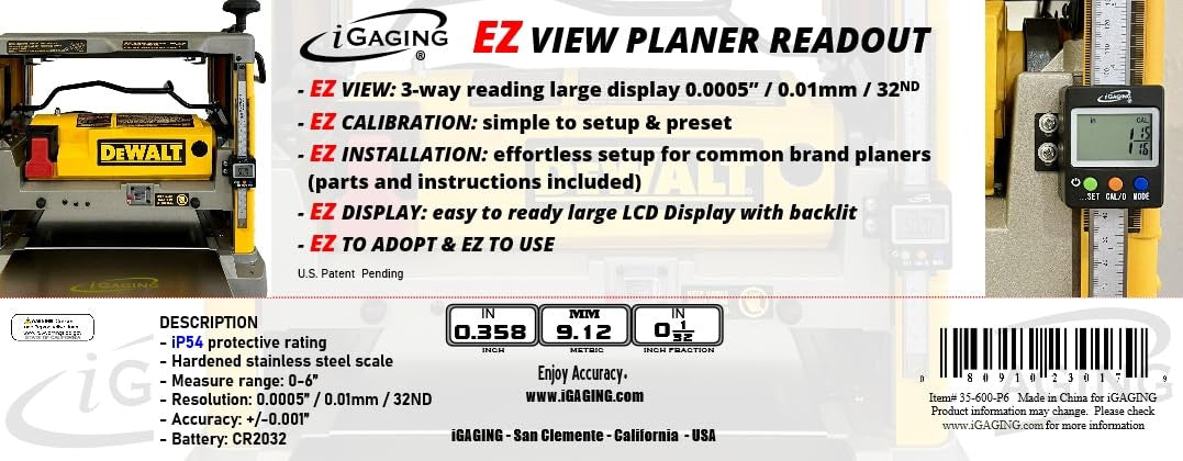 iGaging EZ-View Digital Planer Readout DRO for Portable Planer - Planer Accessories Kit for Dewalt 734 735 and More! IP54 Dust and Moisture Protection (35-600-P6