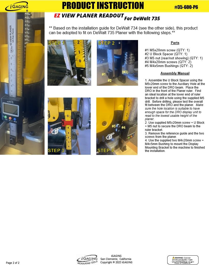 iGaging EZ-View Digital Planer Readout DRO for Portable Planer - Planer Accessories Kit for Dewalt 734 735 and More! IP54 Dust and Moisture Protection (35-600-P6