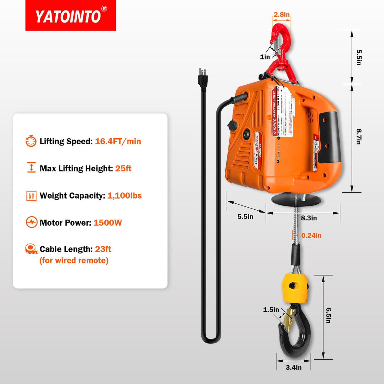 YATOINTO 3 in 1 Electric Hoist Winch, 1100lbs Portable Electric Power Winch with Wire and Wireless Remote Control, 120V Electric Hoist Crane, Overload Protection 25ft Lifting Height for Towing