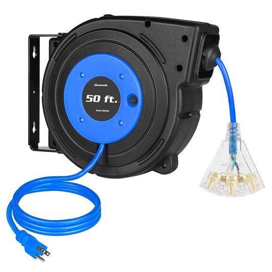 DEWENWILS Retractable Extension Cord Reel, 50 FT Heavy Duty Power Cord, 14AWG/3C SJTOW, 3 Grounded Outlets Lighted Triple Tap, 13 Amp Circuit Breaker, UL Listed