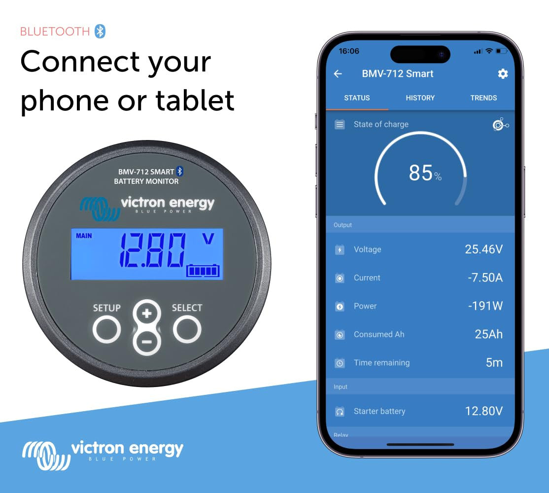 Victron Energy BMV-712 Smart Battery Monitor with Shunt - 6.5-70 VDC - Display and Bluetooth - Grey