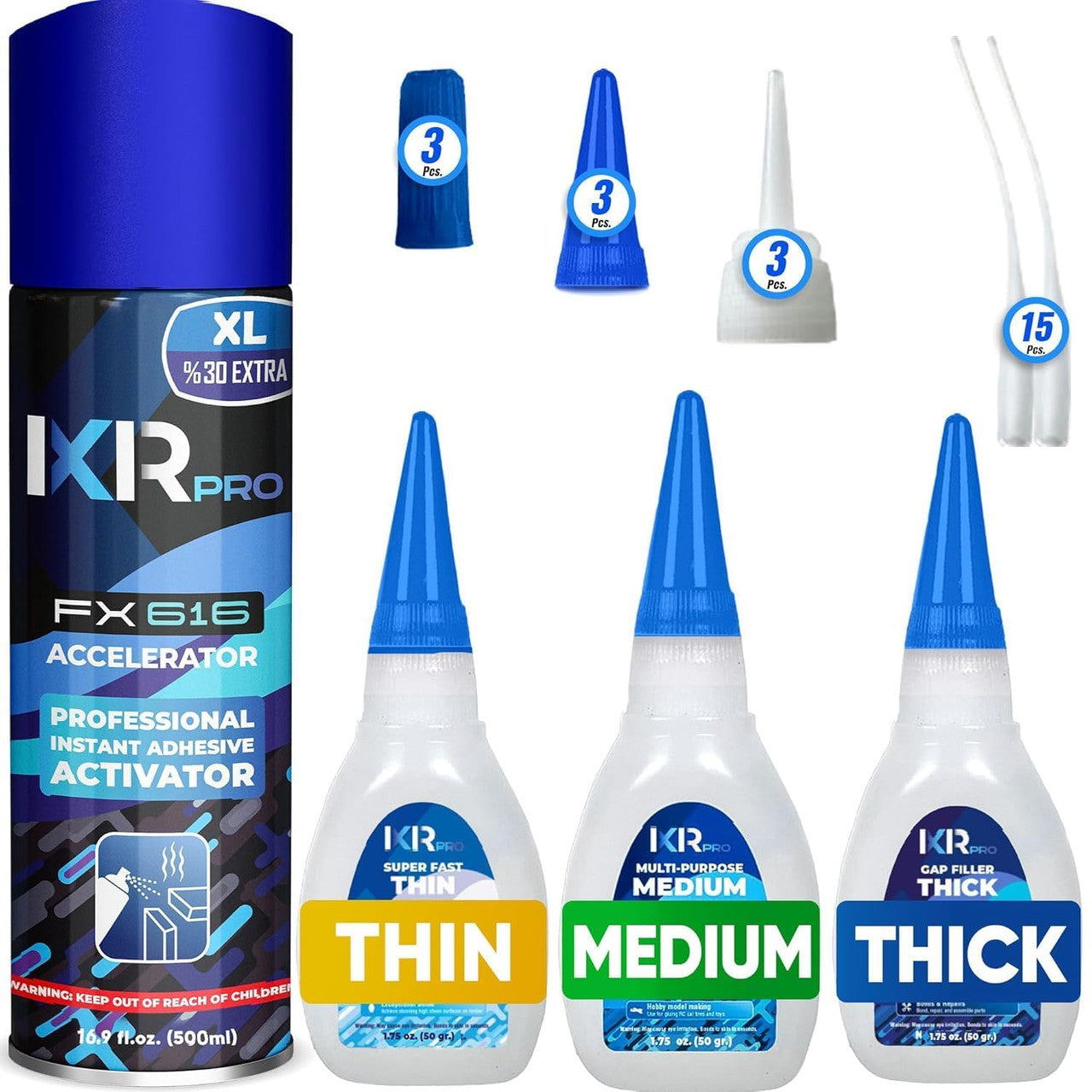 CA Glue with Activator Kit (3x1.75 oz. Thin-Medium-Thick + 16.9 fl.oz.) Cyanoacrylate Glue and Activator, Super Glue Accelerator, Super Glue for Wood, Woodworking, Plastic, Guitar, 3D Printing