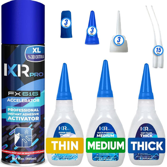 CA Glue with Activator Kit (3x1.75 oz. Thin-Medium-Thick + 16.9 fl.oz.) Cyanoacrylate Glue and Activator, Super Glue Accelerator, Super Glue for Wood, Woodworking, Plastic, Guitar, 3D Printing