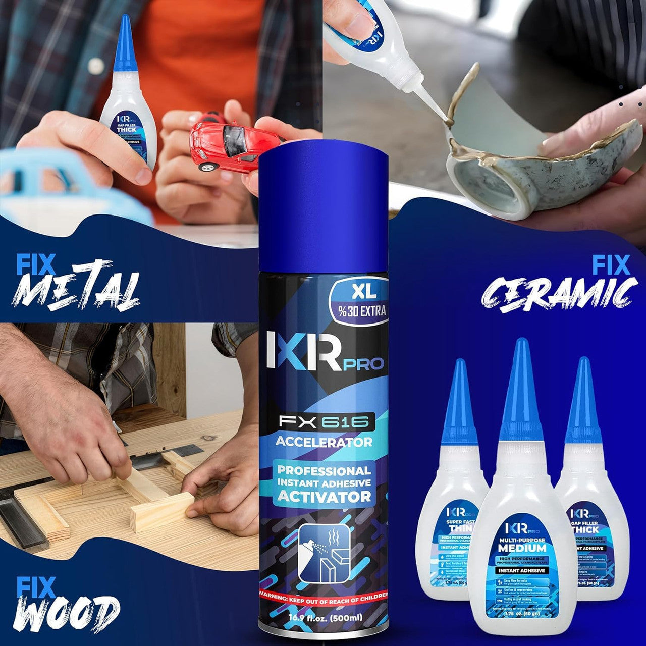 CA Glue with Activator Kit (3x1.75 oz. Thin-Medium-Thick + 16.9 fl.oz.) Cyanoacrylate Glue and Activator, Super Glue Accelerator, Super Glue for Wood, Woodworking, Plastic, Guitar, 3D Printing