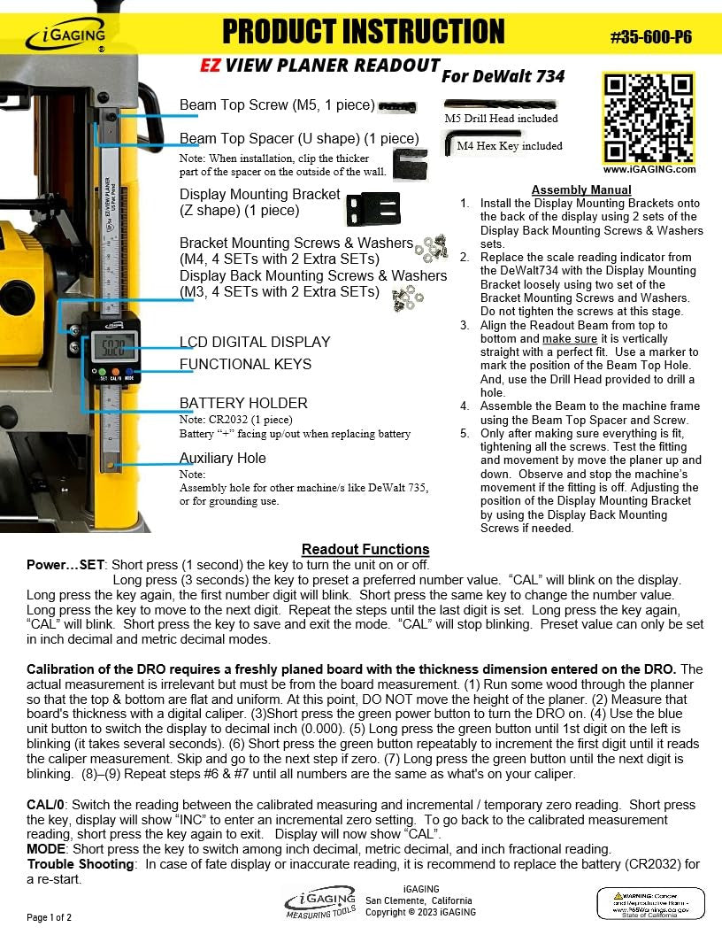 iGaging EZ-View Digital Planer Readout DRO for Portable Planer - Planer Accessories Kit for Dewalt 734 735 and More! IP54 Dust and Moisture Protection (35-600-P6